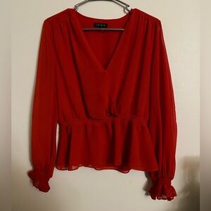 1. State v-neck long sleeve empire waist scrunch wrist ruffle top holiday red